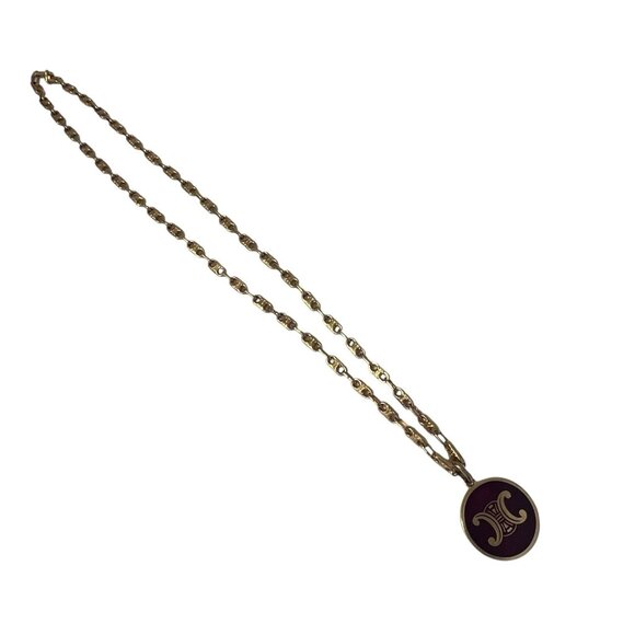 Celine Triomphe Logo Red Enamel Gold Tone Medallion Pendant w/Necklace - Picture 8 of 12